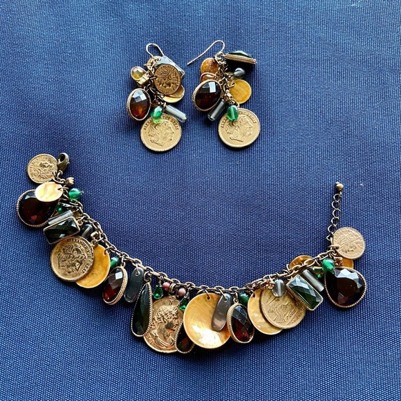 Coin Charm Bracelet, Pendant and Earrings Mixed Media, Jewels, Rhinestones - Picture 6 of 16